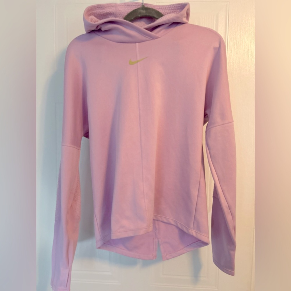 Nike Dry Fit hooded active pullover in pink with gold accents, size S (new)